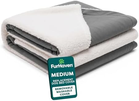 FurHaven Replacement Dog Bed Cover for Memory Foam & Cooling Gel Beds, Machine Washable, Medium (26 inch), Sherpa & Suede Snuggery, Gray by FurHaven