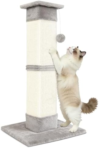Cat Scratching Post 33 inch for Indoor Cats, Sisal Cat Scratcher, Vertical Posts with Dangling Ball, High Cat Scratch Post, Cat Tree for Full-Body Stretching, Protect Your Furniture, Light Grey by Runske