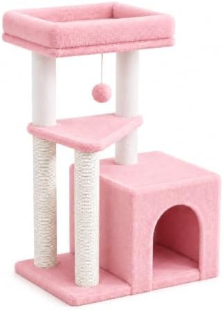 Small Cat Tree Tower for Indoor Cats, 33 Inches Multi-Level Cat Condo with Scratching Posts, Large Perch, Hanging Toy for Large Adult Cats, Pink by MeowHomm