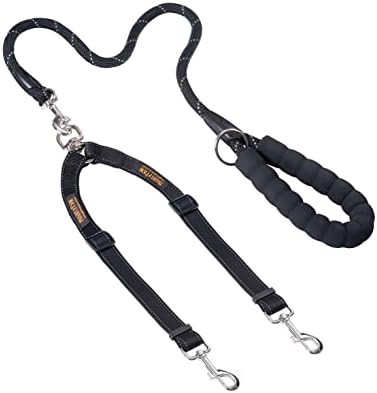 Mighty Paw Double Dog Leash with Rope Handle - Double Leash for Two Dogs No Tangle Design. Split Lead for 2 Pets. Adjustable to Fit All Sized Breeds. Reflective Dual Pet Lead for People with 2 Pups by MightyPaw
