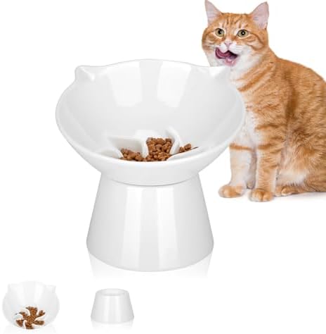 7 Inch Extra Wide Detachable Slow Feeder, Cat Bowl- Elevated Cats Feeder Tilted, Large Raised Cat Food Bowl Whisker Friendly, for Indoor Cats and Small Dogs Anti-Vomiting White by LuckyPots