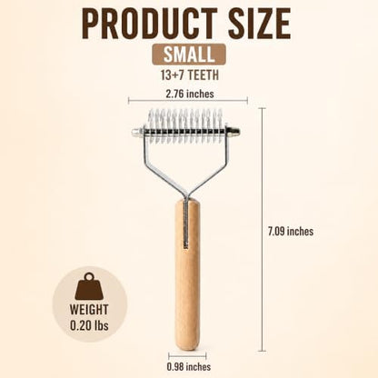 ROCK APE Undercoat Rake for Dogs & Cats, Dual-Sided Dematting Comb and Deshedding Tool for Mats, Tangles & Loose Fur, Rounded Teeth, Natural Wood Handle, Small 13+7 Teeth - Image 3