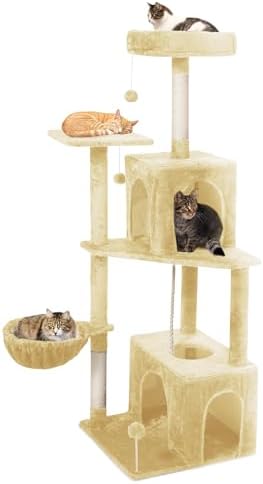 54-Inch Cat Tree Tower with 2 Caves & 2 Pompoms - Multi-Level Tower for Indoor Cats, Soft Plush Condo with Scratching Posts - Sturdy Base for Large Cats(Beige) by TSCOMON
