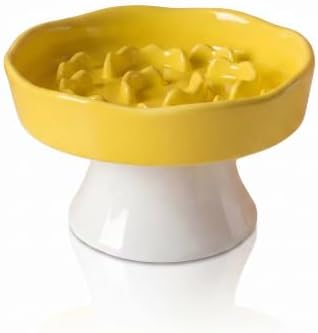 Vexilion Slow Food Pet Bowl, Ceramic, Yellow, Elevated Base Design, Prevent Pet from Too Fast by Unknown