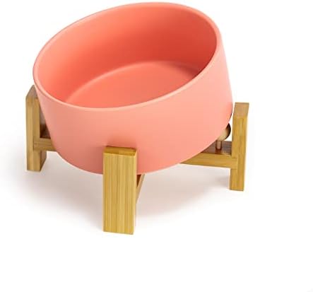 SPUNKYJUNKY 15° Slanted Ceramic Dog and Cat Bowl with Wooden Stand, Tilted Bulldog Food and Water Bowl No Slip Non-Spill for Cats Medium Dogs Big Face Pets 28.7 OZ (3.6 Cups,Pink) by SPUNKYJUNKY