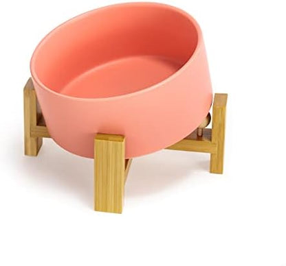 SPUNKYJUNKY 15° Slanted Ceramic Dog and Cat Bowl with Wooden Stand, Tilted Bulldog Food and Water Bowl No Slip Non-Spill for Cats Medium Dogs Big Face Pets 28.7 OZ (3.6 Cups,Pink) by SPUNKYJUNKY