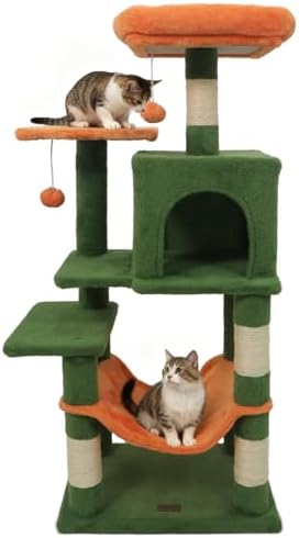 DORTALA Cat Tree for Indoor Cats, 44" Modern Cat Tower with Top Perch, Condo, Hammock, Sisal Scratching Posts, Dangling Balls, Platforms, Multi-level Pet Climbing Furniture Playground (Green & Orange) by DORTALA