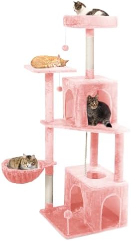 54-Inch Cat Tree Tower with 2 Caves & 2 Pompoms - Multi-Level Tower for Indoor Cats, Soft Plush Condo with Scratching Posts - Sturdy Base for Large Cats(Pink) by TSCOMON