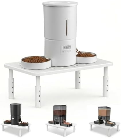 Raised Automatic Cat Feeder Stand for Double Bowl Feeders, Carbon Steel 14.57 x 9.25 in, 3 Adjustable Heights 4.13-5.71 in, Non-Slip, Fits Feeders & Water Dispensers, No-Drill (White) by Unknown