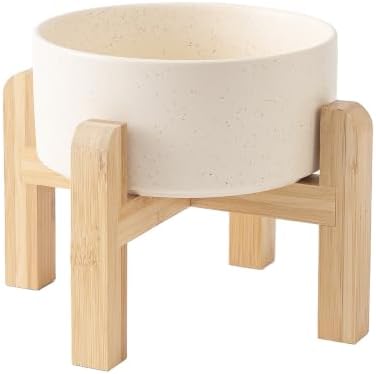 6'' Ceramic Raised Dog Bowl - 30Oz Dog Food & Water Bowl with Elevated Non-Slip Bamboo Stand, Anti Vomiting Heavy Duty Pet Bowl for Small and Medium Dogs, Speckled Beige by Welloyed
