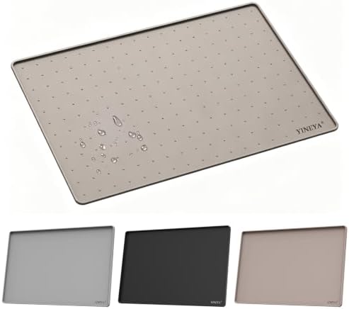 YINEYA 18" x 12" Silicone Cat Food Mat Waterproof, 0.2" Raised Edge(Taupe) by YINEYA