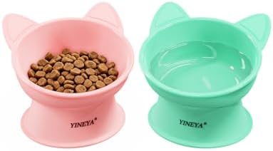 YINEYA Elevated Cat Bowls 2 Pcs, Cat Food Bowl to Protect Neck & Anti-Vomit, Whisker-Friendly Raised Food and Water Bowls Set for Indoor Cats/Small Dogs, Cute Pet Feeding Bowl 6 OZ Each, Pink & Green by YINEYA