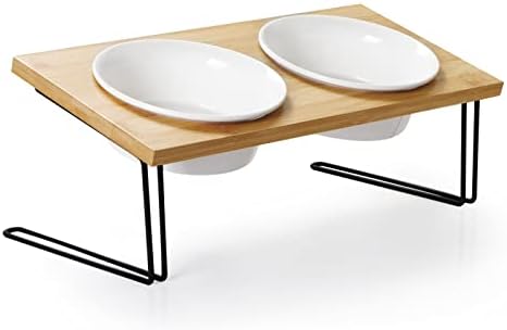Sweejar Ceramic Elevated Cat Bowls, Small Dog Bowls, 15° Tilted Raised Pet Bowl with Solid Wooden Stand to Protect Spine, Water and Food Feeder for Cat and Dog, Pack of 2 (White) by Sweejarco1949