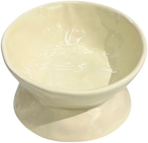 Ceramic Raised Cat Bowl, Elevated Pet Food Bowl for Small Dog, Cute Cat Dish Tilted, Whisker Fatigue, Wrinkle Texture (Yellow) by LeServeta