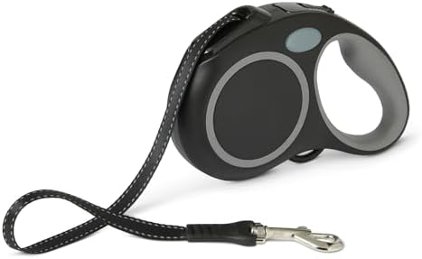 Amazon Basics Reflective Retractable Dog Leash, 16.4 Ft Tape Leash for Dogs Up to 55 Lbs, Non-Slip Comfort Grip, Quick-Lock, Medium, Black by AmazonBasics