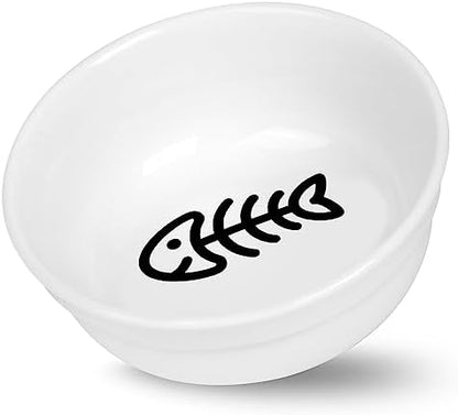 COMESOON 5" Ceramic Cat Bowl with Fish Bone Pattern, Cat Food Bowl for Food and Water, Healthy Cat Dishes for Indoor Cats and Small Dog, Dishwasher Safe & Microwaveable - White by COMESOON
