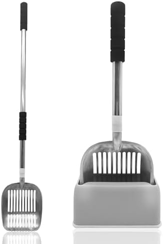 PINVNBY Cat Litter Scooper, Long Handle Litter Sifter Scoop with Litter Scoop Holder Stainless Steel Kitten Scooper Deep Kitty Litter Scooper with Box Metal Detachable Sifting Litter Shovel Set by PINVNBY