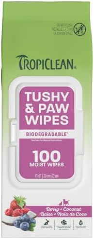 TropiClean Dog Wipes for Cleaning Paws & Tushy, Berry & Coconut Scent,100ct by TropiClean