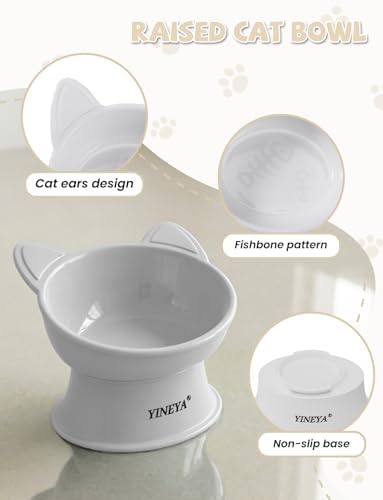 YINEYA Cat Bowls, Cat Food Bowl Elevated to Protect Neck & Anti-Vomit, Whisker-Friendly Raised Food & Water Bowls for Indoor Cats/Small Dogs, Cute Pet Feeding Bowl 6 OZ Each, Dishwasher Safe, White - Image 5