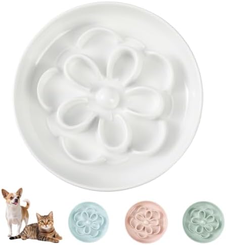 Melamine Cat Slow Feeder Bowl - Floral Maze Cat Food Dish - Flat Plate for Dry & Wet Food - Cute Kitten Bowl - Dishwasher Safe - 6.3'' W x 1'' H - 5.5 oz (160g) - White by PTOBER