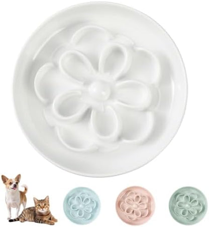 Melamine Cat Slow Feeder Bowl - Floral Maze Cat Food Dish - Flat Plate for Dry & Wet Food - Cute Kitten Bowl - Dishwasher Safe - 6.3'' W x 1'' H - 5.5 oz (160g) - White by PTOBER