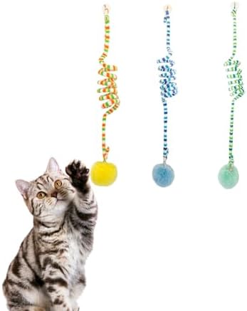 3Pcs Cat Spring Toys with Ball Hanging Kitten Toys Pets Interactive Toy Cat Ball Toys with Bell Long Tail Elastic Soft Plush Cat Toys for Indoor Kitten and Cats (yellowbluegreen, 3pcs) by RORIPOPPU
