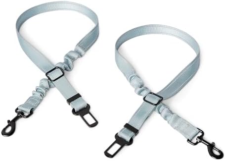 Amazon Basics Reflective Dog Seat Belt with Collapsible Travel Bowl, Elastic Design, 360° Metal Clasp, for Dogs up to 44 lbs, 26.3 inch, Black/Blue/Orange by AmazonBasics