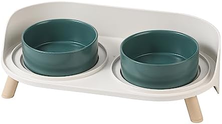Raised Cat Food and Water Bowl Set - Elevated Ceramic Dishes with Non-Slip Stand and Splash Guard for Small Dogs - 2 x 320 ML (4.9 OZ) - Green by AHX