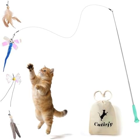 Retractable Cat Wand with 4 Feather Refills for Indoor Cats by MewraThetify