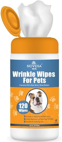 NOVEHA 120PCs - 5”x7” Large Dog Wipes | Wipes for Bulldog, French Bulldog, Pug, English Bulldog | Deodorizing, for Multiple Areas Removes Dirt, Wrinkles, Folds, Tear Stain, Tail Pockets & Paws by NOVEHA