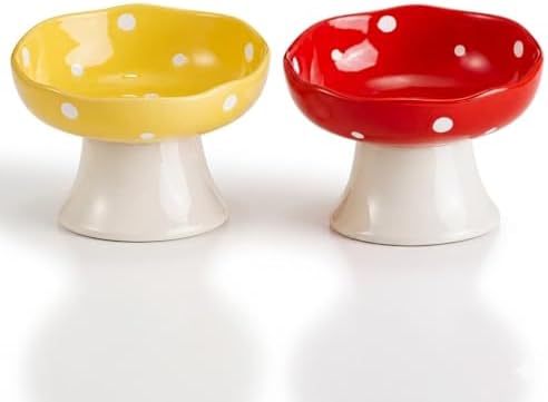 Elevated Ceramic Cat Bowls Set of 2, Mushroom Raised Wide & Shallow Cat Food and Water Bowls, Whisker Friendly Feeding Bowls for Cats & Small Dogs (Red+Yellow) by Unknown