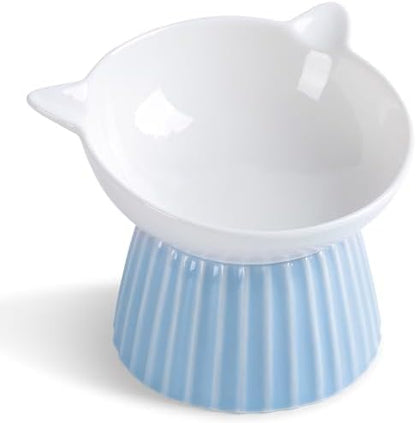 Ceramic Raised Cat Bowl，Tilted Raised Cat Bowl Anti Vomit Cat Bowls for Indoor Cats Whisker Friendly Pet Feeder for Cats Puppies, Microwave and Dishwasher Safe, Blue by Wellbro