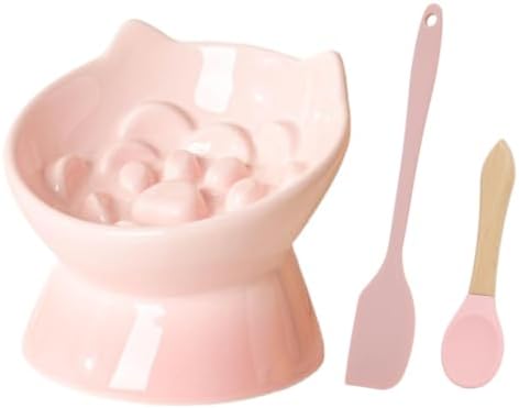 3Pcs Ceramic Cat Slow Feeder with Spoon, Raised Slow Feeder Cat Bowl, Raised Puzzle Feeder, Elevated Food Bowl, Anti Vomiting and Whisker Friendly, Non-Toxic (Pink) by Unknown