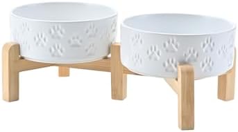 SPUNKYJUNKY Elevated Dog Bowls Ceramic, 5.1'' Dogs and Cat Food Water Bowls Raised with Non-Slip Bamboo Stand for Puppy Small Sized Breed Microwave Dishwasher Safe - 13.5 OZ,Paw White by SPUNKYJUNKY