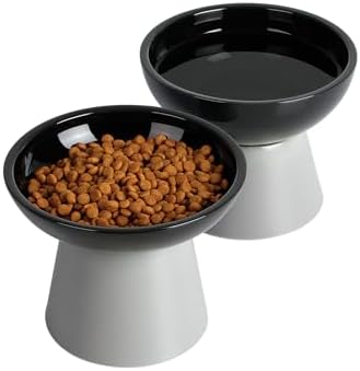 LoeJan Elevated Cat Food and Water Bowls Set, Extra Wide and Raised Ceramic Feeder, Anti-Vomit Whisker-Free Pressure Feeding Bowl for Kittens Adult Small Dogs(Black, 2 Pack) by LoeJan