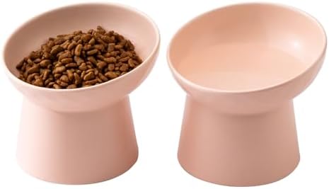 Ceramic Raised Cat Bowls - Elevated Tilted Cat Food and Water Bowls Set, Anti Vomiting and Protect Pets' Spines Pet Feeding Dish for Cats, Dishwasher Microwave Safe (2 x Bowl - Pink) by Welloyed