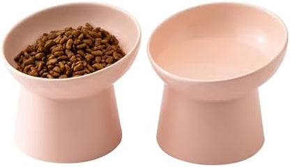 Ceramic Raised Cat Bowls - Elevated Tilted Cat Food and Water Bowls Set, Anti Vomiting and Protect Pets' Spines Pet Feeding Dish for Cats, Dishwasher Microwave Safe (2 x Bowl - Pink) by Welloyed
