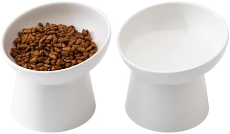 Ceramic Raised Cat Bowls - Elevated Tilted Cat Food and Water Bowls Set, Anti Vomiting and Protect Pets' Spines Pet Feeding Dish for Cats, Dishwasher Microwave Safe (2 x Bowl - White) by Welloyed