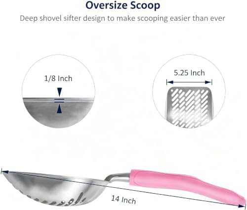 WePet Cat Litter Scoop, Aluminum Alloy Sifter, Kitty Metal Scooper, Deep Shovel with Diagonal Sifting Hole, Long Handle, Kitten Poop Lifter for Litter Box, Large Size, Pink Handle - Image 2