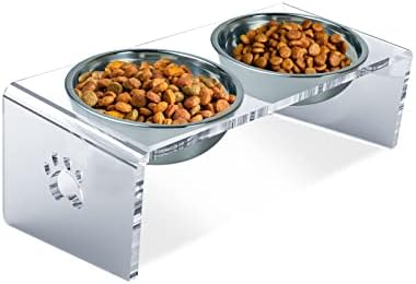 Raised Cat & Dog Bowl, Elevated Pet Feeding Station with 15 Tilted Neck Protective Acrylic Stand, Double Stainless Steel Bowls, for Small, Medium, Large Cats & Dogs by BuyNowGhims