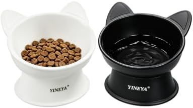 YINEYA Elevated Cat Bowls 2 Pcs, Cat Food Bowl to Protect Neck & Anti-Vomit, Whisker-Friendly Raised Food and Water Bowls Set for Indoor Cats/Small Dogs, Cute Pet Feeding Bowl 6 OZ Each, Black&White by YINEYA