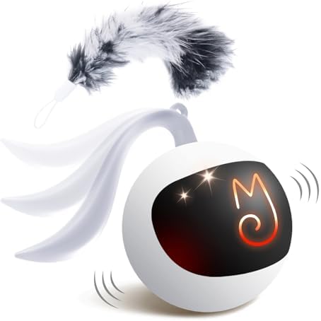 Migipaws Interactive Cat Ball Toy Set, Fun Tracker, Automatic Rolling Chase Ball with Fluffy Tail, A Small Mice, Rechargeable (White) by MigipawsCreateMoreEnjoymenttoPetsandFamily