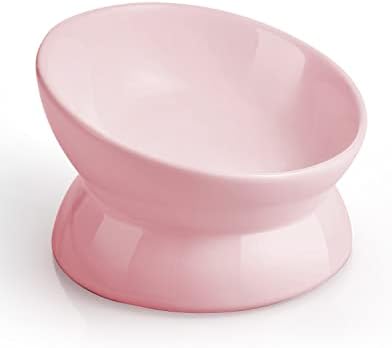 LoeJan Elevated Cat Food Bowl, 5 Oz Ceramic Raised and Tilted Water Bowl, Anti Vomiting and Protect Pets' Spines Dishes for Small Dog, Fat Faced Cat, Kitten (Pink, 1 Pack) by LoeJan