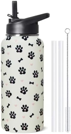 32oz Dog Paw Insulated Water Bottle with Straw, Gym Hiking Sports Coffee Mug Cup, Dog Paw Gifts for Women Decor Accessories by Unknown