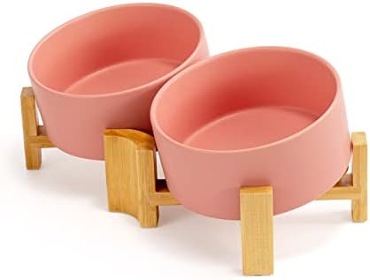 SPUNKYJUNKY 15° Slanted Ceramic Dog and Cat Bowl with Wooden Stand, Tilted Bulldog Food and Water Bowl No Slip Non-Spill for Cats Medium Dogs Big Face Pets 28.7 OZ (3.6 Cups, Pink × 2) by SPUNKYJUNKY