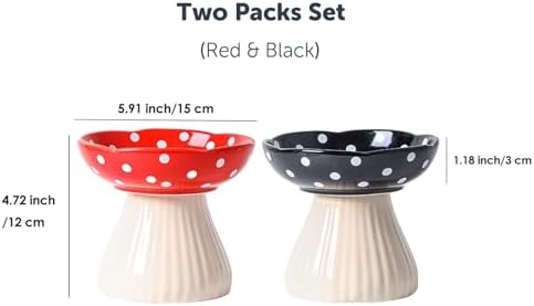 Mushroom Cat Bowl, Raised Ceramic Cat Food Dish for Whisker Fatigue, Forest Style Pet Water Bowl, Elevated Tilted Neck Protection Feeder for Indoor Cats & Small Dogs (Red & Black) - Image 2