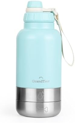 GrandTies Insulated Portable Dog Water Bottle with 2 Detachable Water Bowl Dispenser | Leak-Proof Dog Food Travel Container | Accessories for Dogs Walking, Hiking, Camping (32oz, Powder Green) by GrandTies