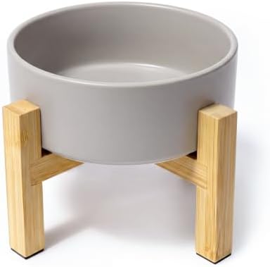 Elevated Ceramic Cat Bowl - Cat Food Bowl with Bamboo Stand - Raised Dog Dish for Puppies - Anti Vomiting, Stress Free - 13.5 oz / 400 ml - Grey by HCHLQLZ