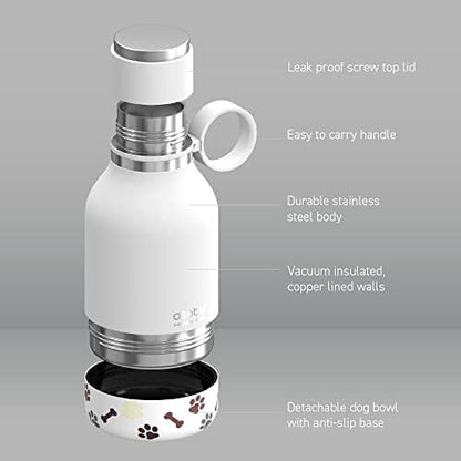asobu Buddy Bottle, a Stainless Steel Insulated Water Bottle with Removable Dog Water Bowl and Dog Food and Treat Storage plate (White, 37 oz Water Bottle with 2 Bowls) - Image 5