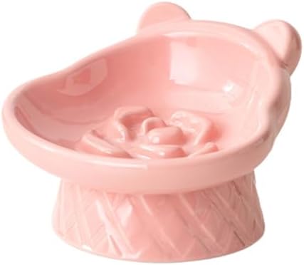 Winnie The Pooh Series Ceramic Slow Feeder Cat Bowl, Raised Anti-Gulping Design with Bear Ears, Pastel Colors, Quilted Pattern Base (Pink) by LeServeta
